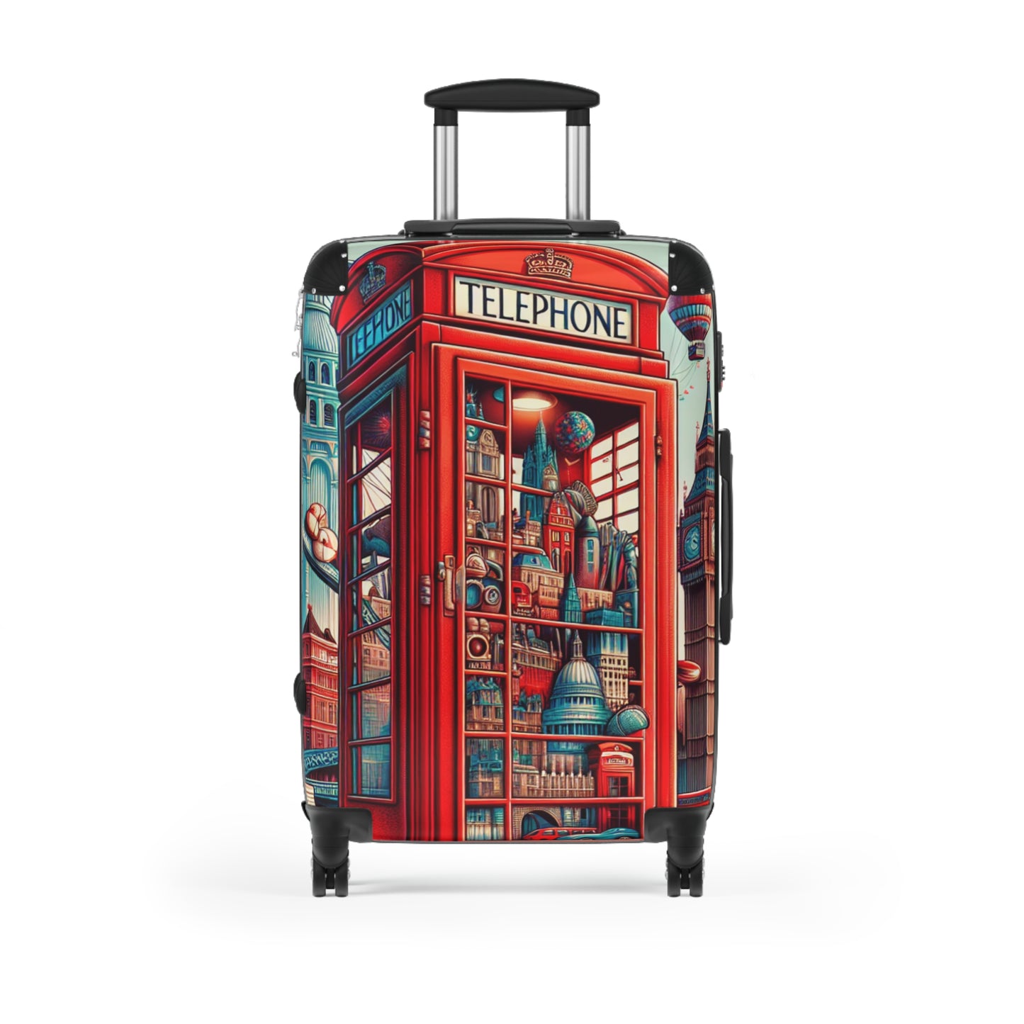 Colorful Cityscape Suitcase - Travel in Style with Vintage Phone Booth Design