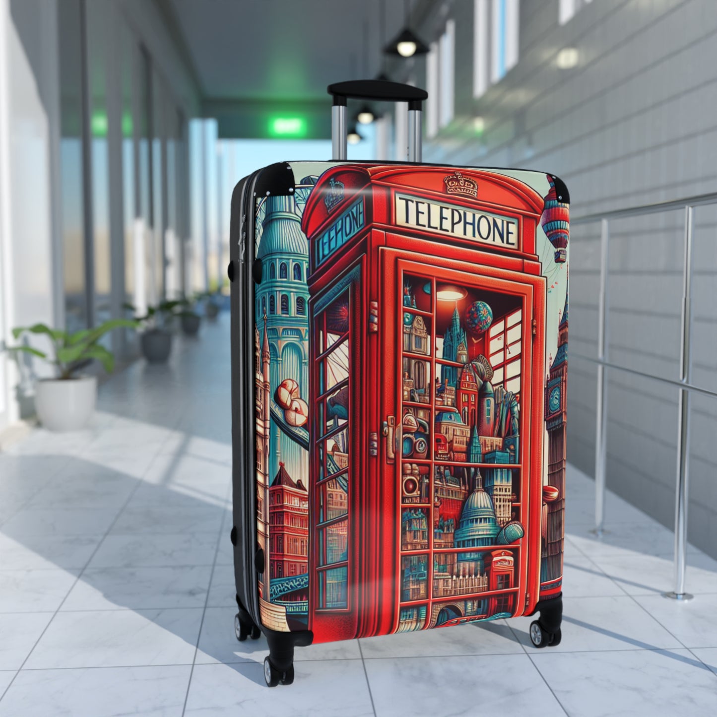 Colorful Cityscape Suitcase - Travel in Style with Vintage Phone Booth Design