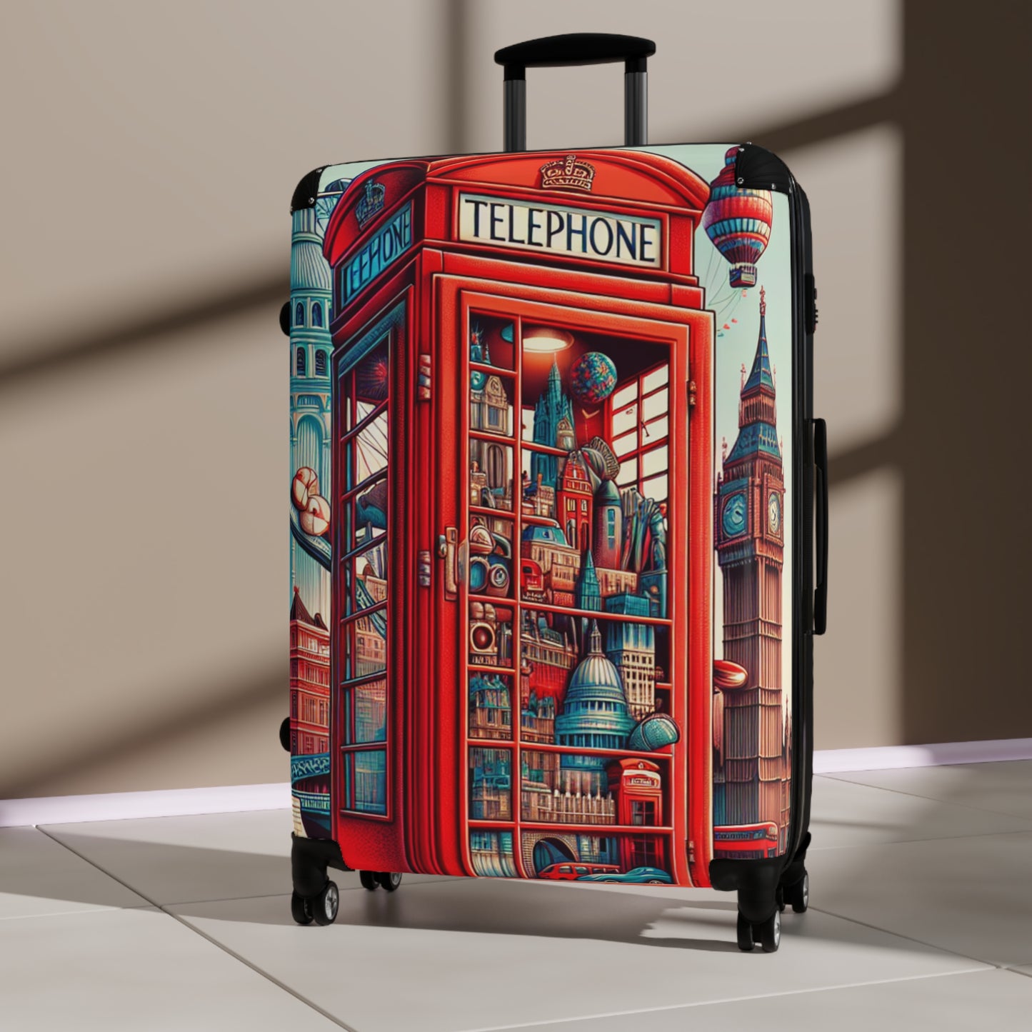 Colorful Cityscape Suitcase - Travel in Style with Vintage Phone Booth Design