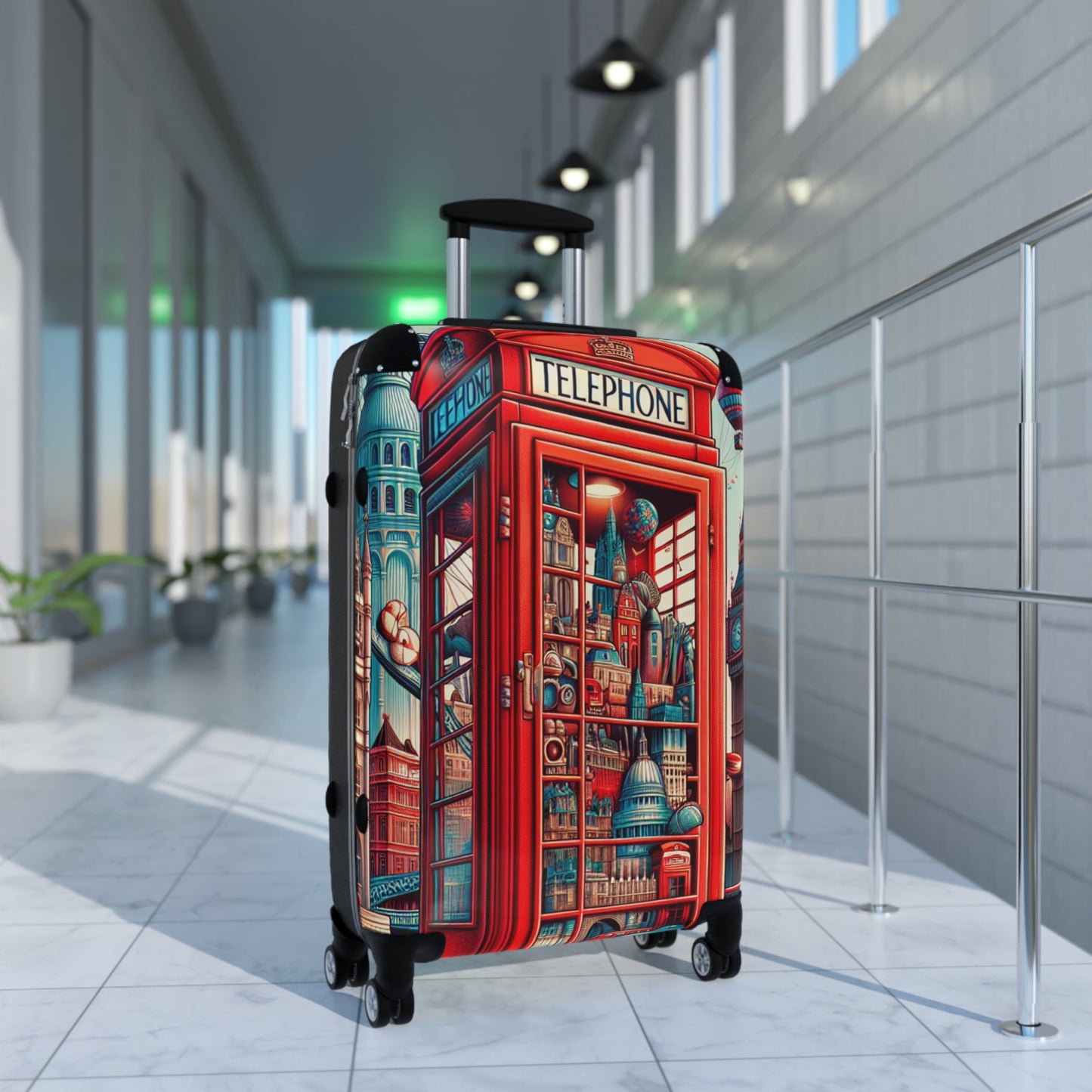 Colorful Cityscape Suitcase - Travel in Style with Vintage Phone Booth Design