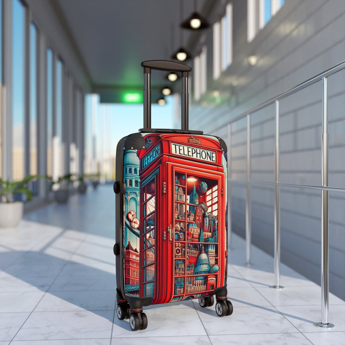 Colorful Cityscape Suitcase - Travel in Style with Vintage Phone Booth Design