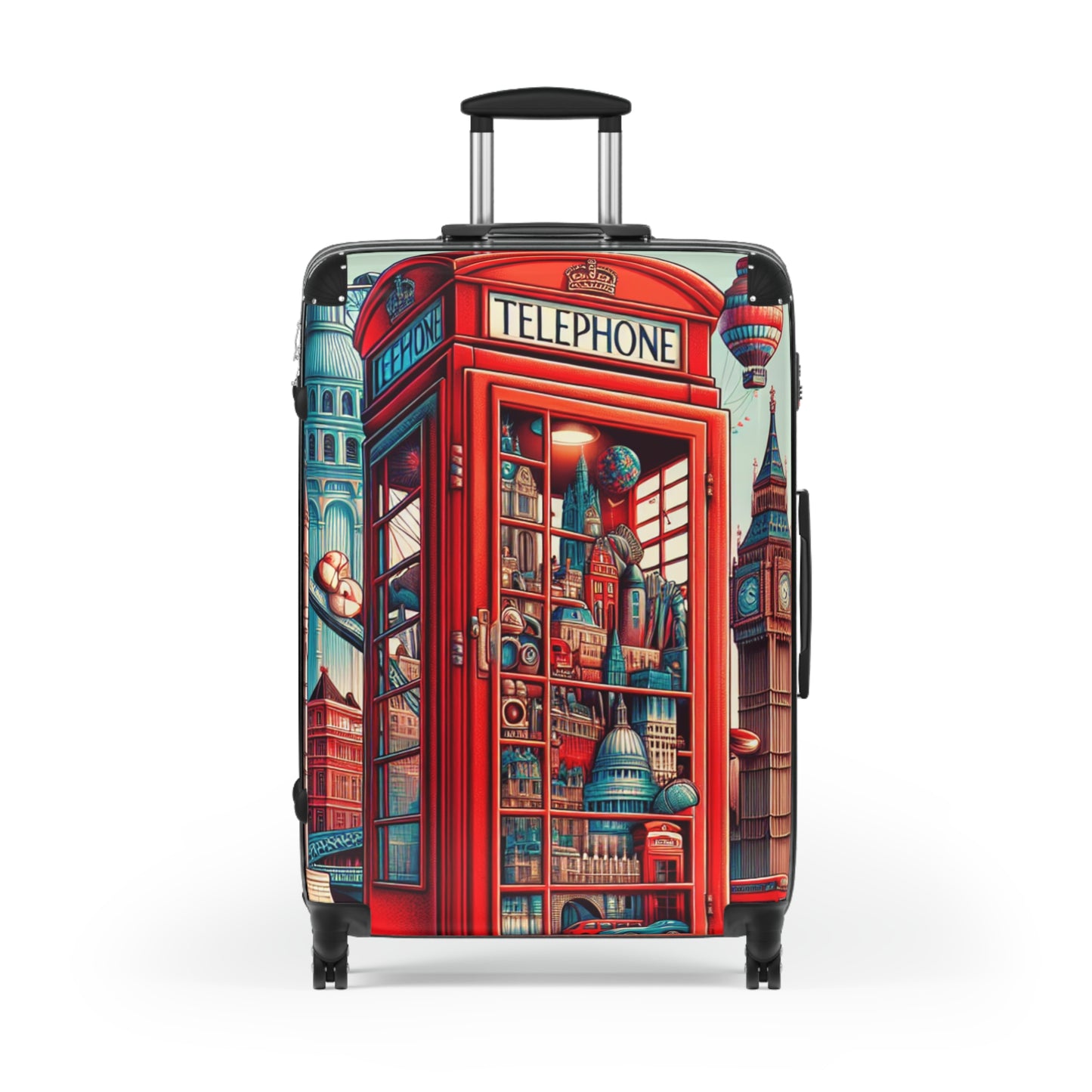 Colorful Cityscape Suitcase - Travel in Style with Vintage Phone Booth Design