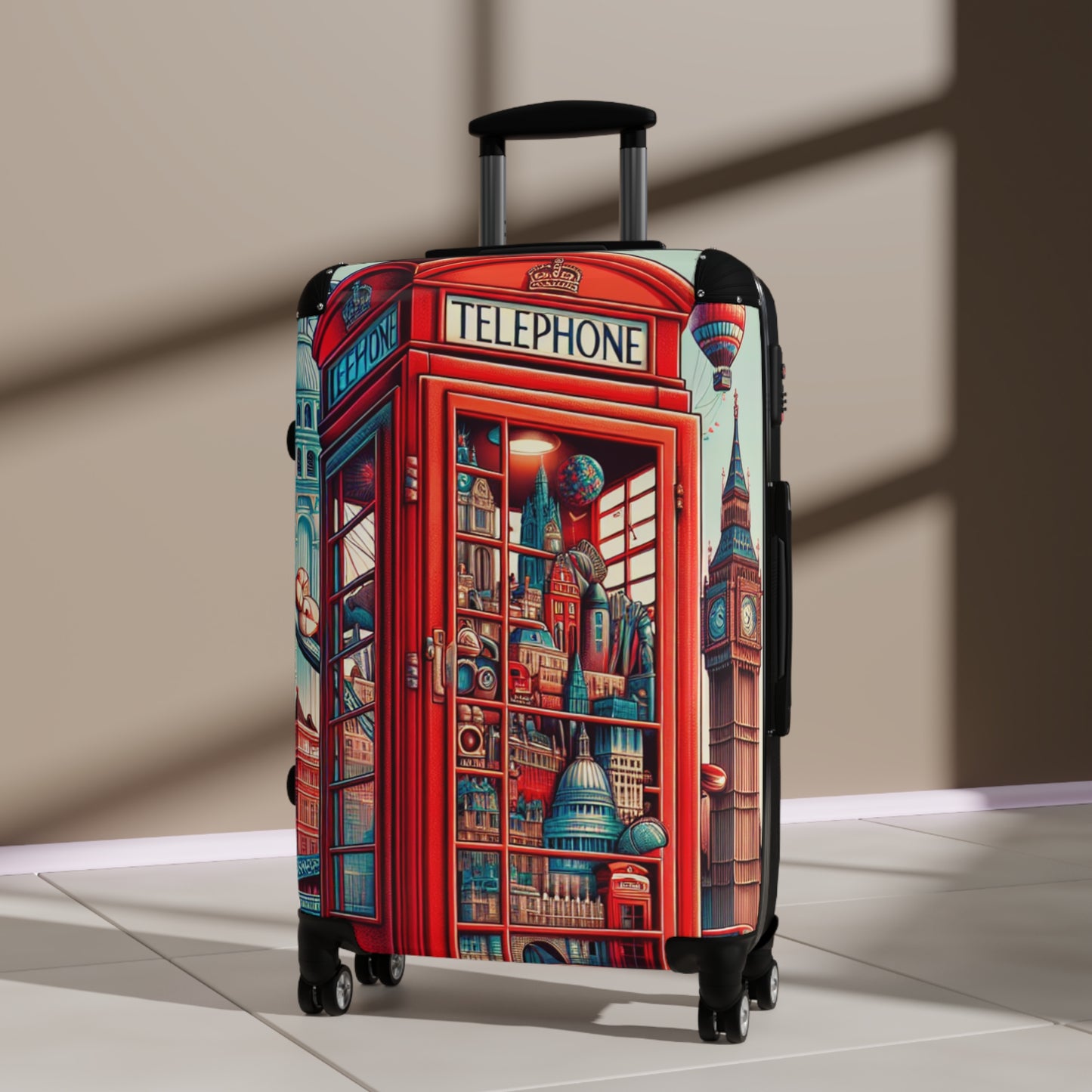 Colorful Cityscape Suitcase - Travel in Style with Vintage Phone Booth Design