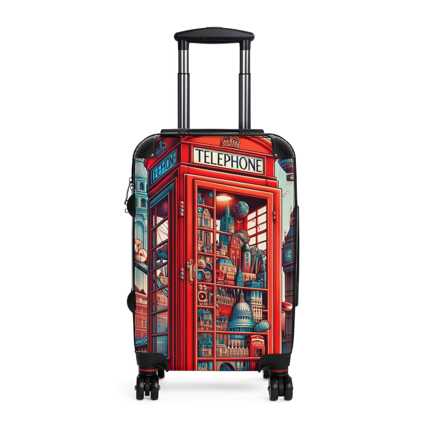 Colorful Cityscape Suitcase - Travel in Style with Vintage Phone Booth Design