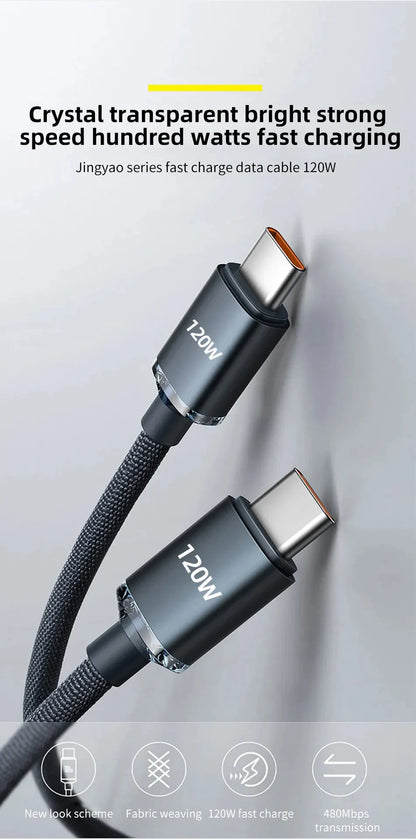 120W 7A Type C to Type C Cable For Iphone 15 Xiaomi Oneplus Mobile Phone Fast Charge USB C Cable Type C Quick Data Charger Cords
